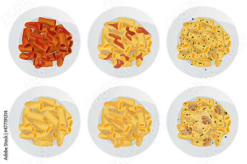 Vector set of top view rigatoni pasta with herbs, tomato sauce, ketchup, butter, cheese, mushrooms in plate isolated on white background.
