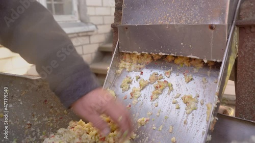 Closeup man uses collected fresh apples for crushing in grinding box before squeezing in wooden press to produce cider in village. Fruit vitamin paste. Raw vegan vegetarian healthy food concept 4k