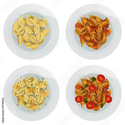 Vector set of top view conchiglie pasta with herbs, sauce, ketchup, tomatoes in a plate isolated on white background.

