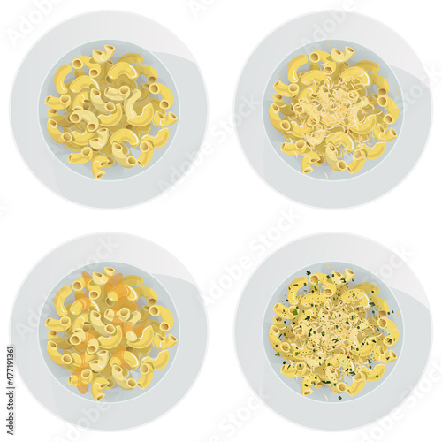 Vector set of top view elbow pasta with cheese, herbs, sauce in plate isolated on white background.
