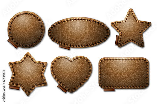 Set of brown leather label shapes with stitches. Leather patches with seam.