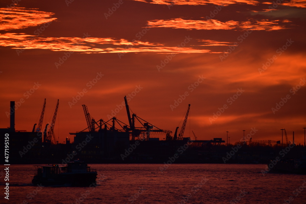 Striking red sunset over Rotterdam, Netherlands