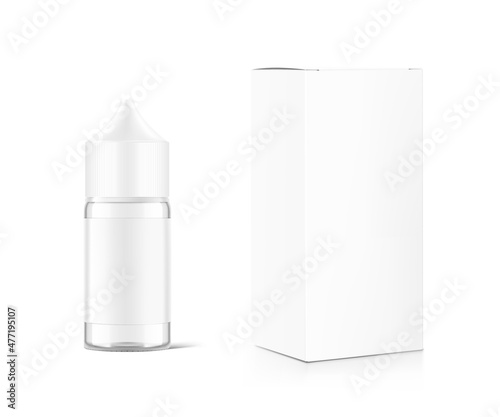 Realistic vape bottle mockup with cardboard packaging box isolated on white background.Vector illustration. Can be used to present cigarette liquid, medical and other needs. EPS10.	
