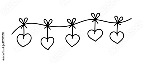 Hand drawn cartoon illustration of outline garland with hearts. Cute doodle simple valentines day line art. Flat minimal vector love, romantic, party, festive postcard, icon or print. Isolated.