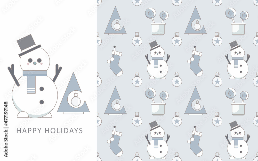 Merry Christmas Holiday card with snowman and seamless pattern