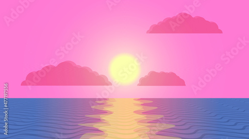 Fototapeta Naklejka Na Ścianę i Meble -  Ocean, sun, clouds and Blue Abstract Waves . Sunset Logo Element.  Vector Illustration. 
