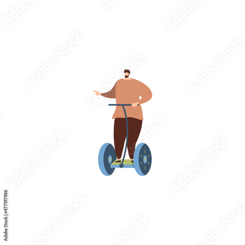 Happy guy riding electric scooter vector illustration. Fun spare time flat style. Active sports using electric vehicles and touristic entertainment concept.