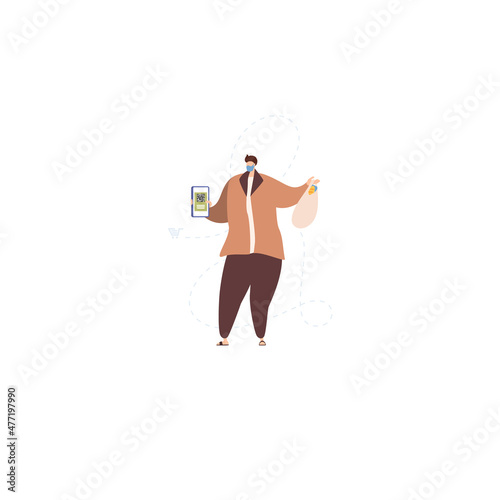 Young vaccinated man using digital health passports. Man showing an app in mobile phone. Immunization certificate with qr code on device screen.