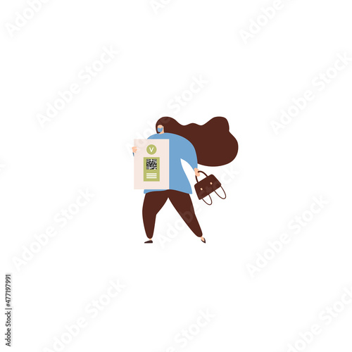 Young vaccinated woman using digital health passports. Woman showing an app in mobile phone. Immunization certificate with qr code on device screen.