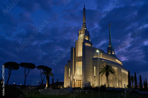 The baroque revival styled Rome Italy Temple mormon church in Rome at dusk photo