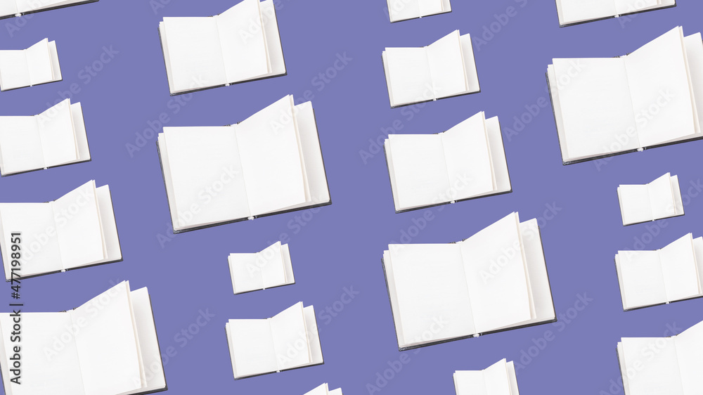 Expanded books with blank pages on blue background. Seamless repeating pattern. Expanded books with blank pages on blue background. Seamless repeating pattern.