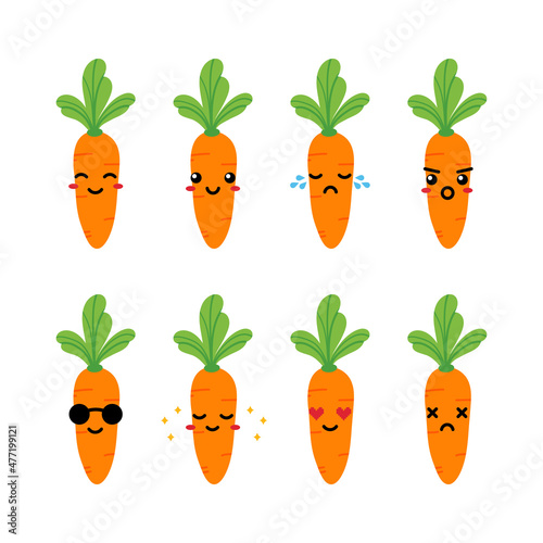 Set, collection, pack of carrot emoji, vector cartoon style icons of orange carrot vegetable characters with different facial expressions, happy, sad, joyful, wearing sunglasses.