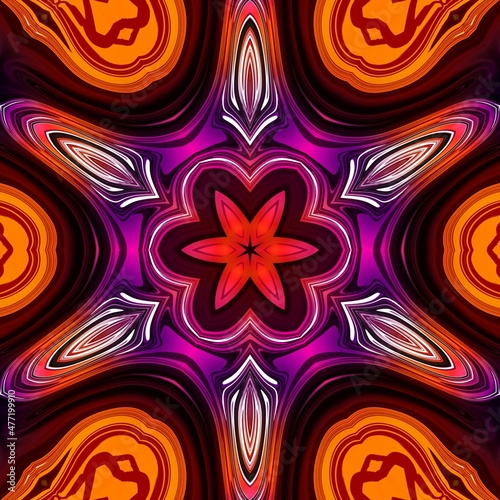 Pink and orange gradient floral mandala fractal pattern with liquid fluid lines kaleidoscope