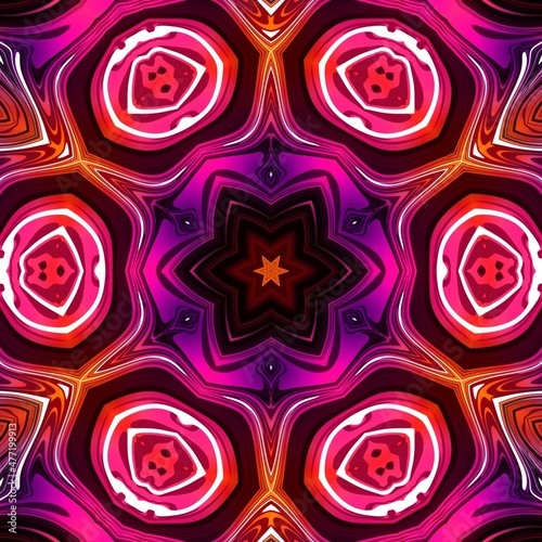 Floral spiritual kaleidoscope pattern illustration. Gradient warm colors neon glow geometric star. Pink, purple, orange. Meditation feeling, hypnotic psychodelic stylish ornament texture design.