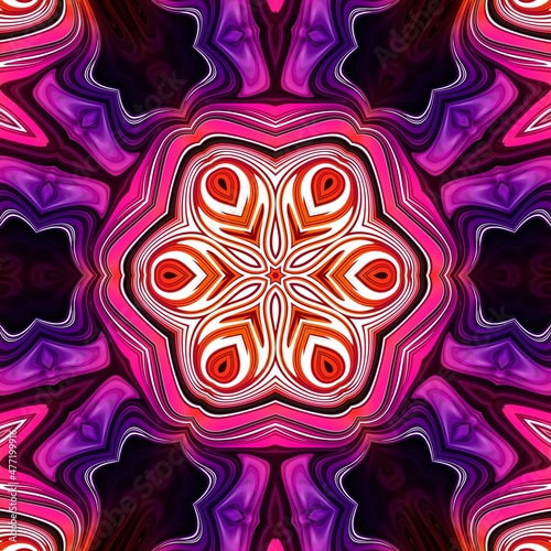 magic pattern glowing neon pink and orange gradient ornament kaleidoscope. Futuristic texture fashion print with purple. Floral morif decoration tile design