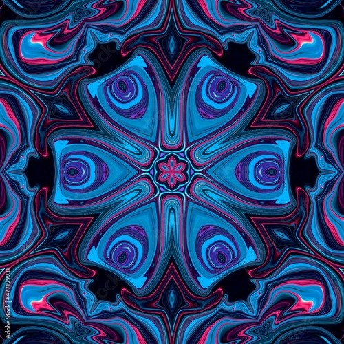 Blue neon glow floral pattern. Technology digital art kaleidoscope mandala flower fluid liquid lines and shapes