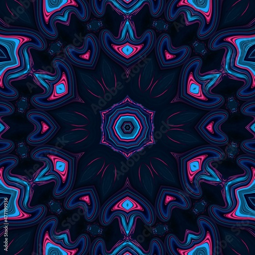 Neon glow pattern with blue and pink geometric shapes. Space technology kaleidoscope with liquid fluid lines and floral motif