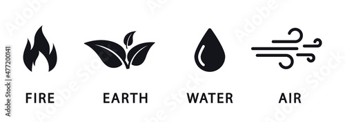 Four natural elements icons - Air, Earth, Fire, and Water. Nature elements concept. Abstract concept for nature energy, synergy, tourism, travel, business. Vector logo template. Flat design.