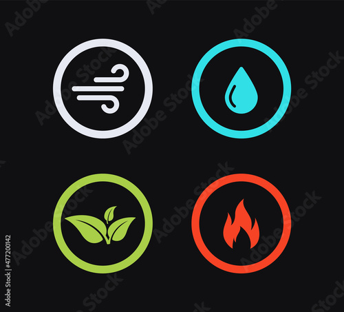 Four natural elements icons - Air, Earth, Fire, and Water. Nature elements concept. Abstract concept for nature energy, synergy, tourism, travel, business. Vector logo template. Flat design.
