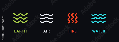 Four natural elements icons - Air, Earth, Fire, and Water. Nature elements concept. Abstract concept for nature energy, synergy, tourism, travel, business. Vector logo template. Flat design.