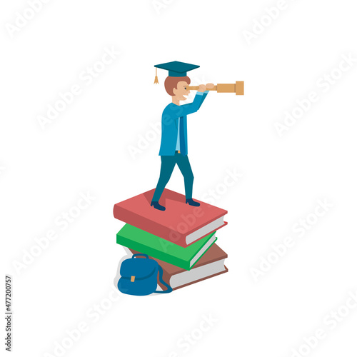 A student stands on books with binoculars in his hands.