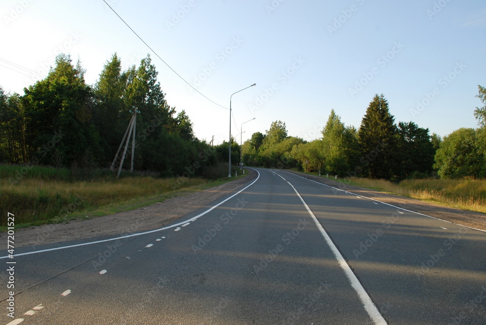 Asphalt highway among green trees. A gray asphalt road with white paint goes into the distance around the corner. Grass, bushes and trees with green leaves grow along the edges of the road.