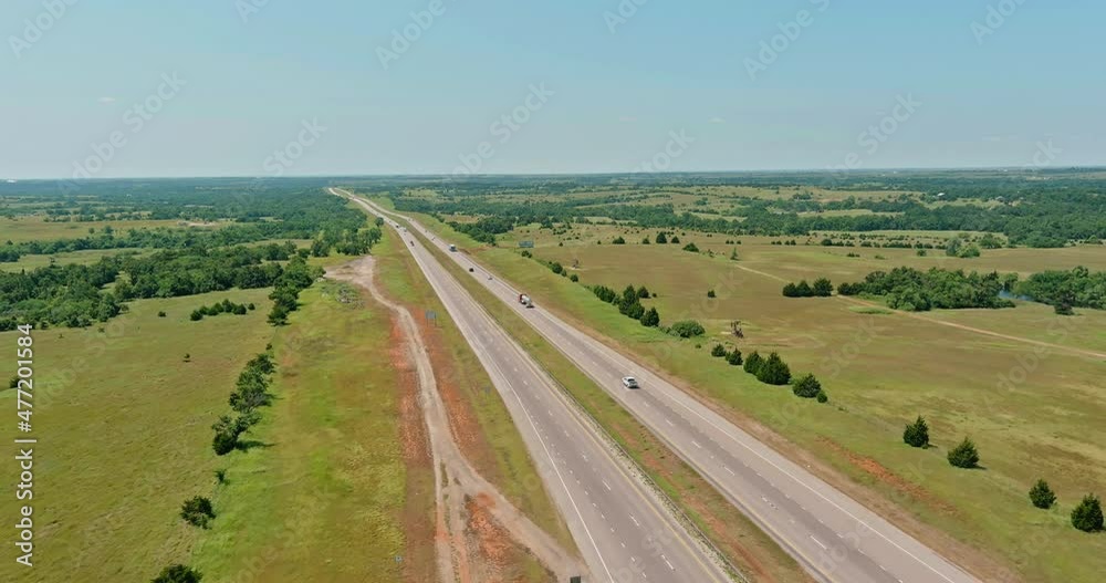 Panoramic top view sunny day of beautiful highway 66 interchange road near small town Clinton in Oklahoma US Panoramic top view sunny day of beautiful highway 66 interchange road near small town Clinton in Oklahoma US