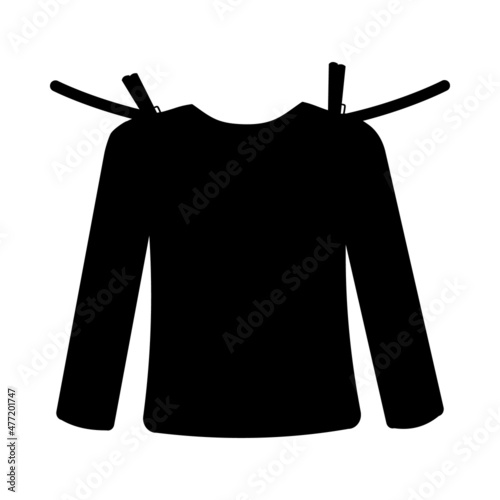 Shirt hanging on rope isolated on white background.Laundry icon.Cleaning clothing service logo.Clothes on clothesline with clothespins.Apparel silhouette.Clothing care and tidiness.Vector illustration