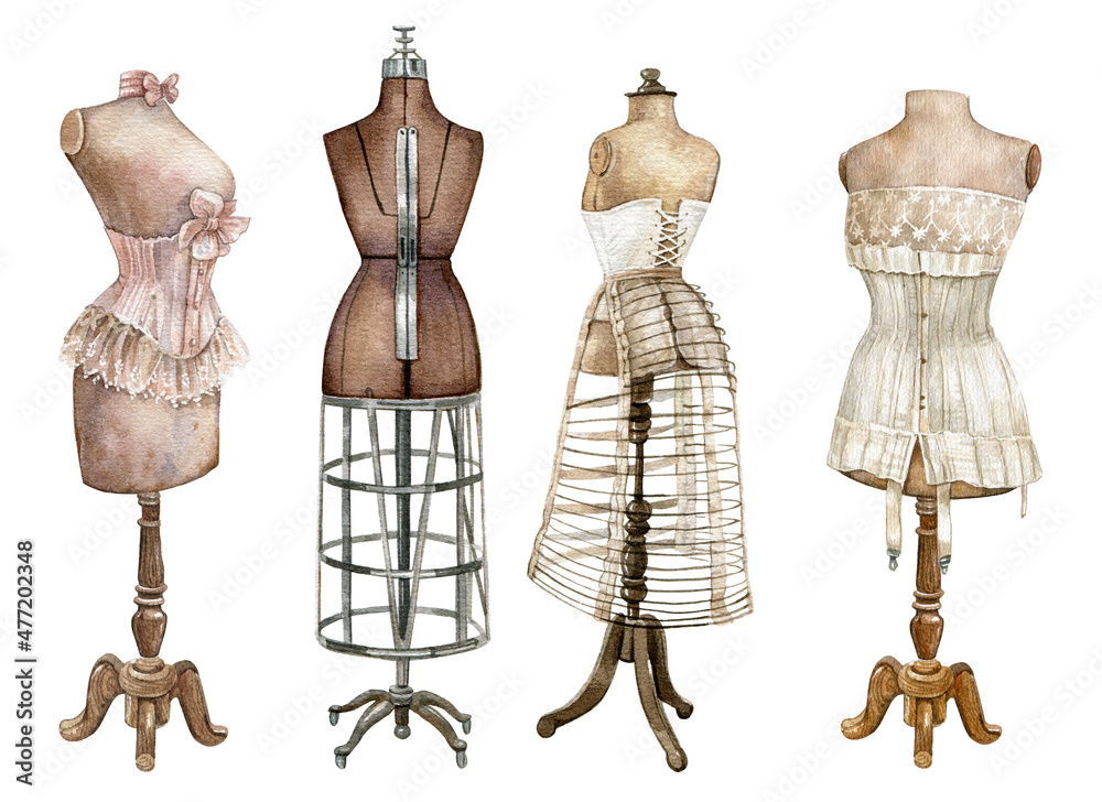 Watercolor vintage mannequin collection,Sewing studio logo,retro