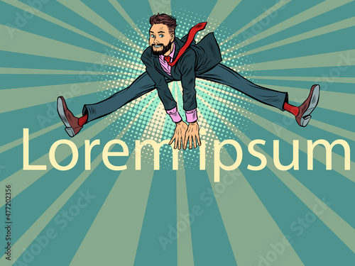 Businessman jumps up, funny leg pose wide. Joy emotions success