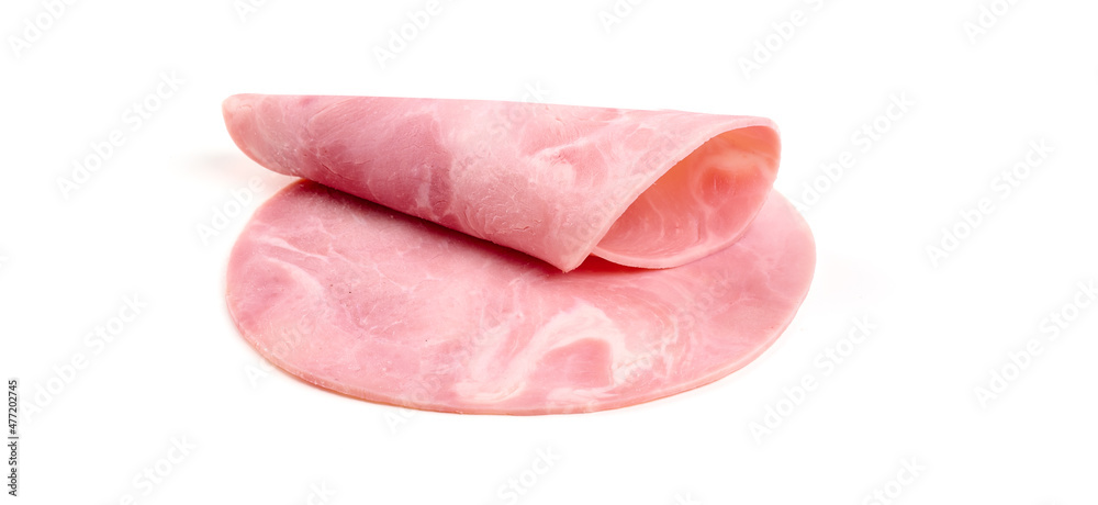 Boiled sausage slices, isolated on white background.