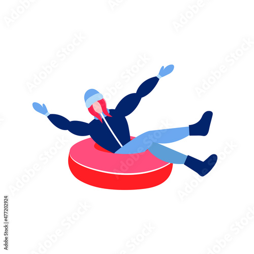 Happy woman riding on snow tubing donut. Cheerful woman sliding down on snow tube and raise hands. Vector stock illustration