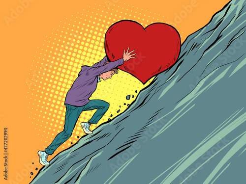 Bild auf Leinwand sisyphean labor a lover believes in love, rolls a valentines heart up the mounta