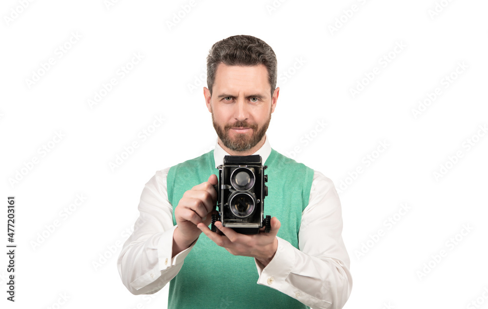shooting session isolated on white. photoshoot. taking pictures. confident male photographer. shooting session isolated on white. photoshoot. taking pictures. confident male photographer.