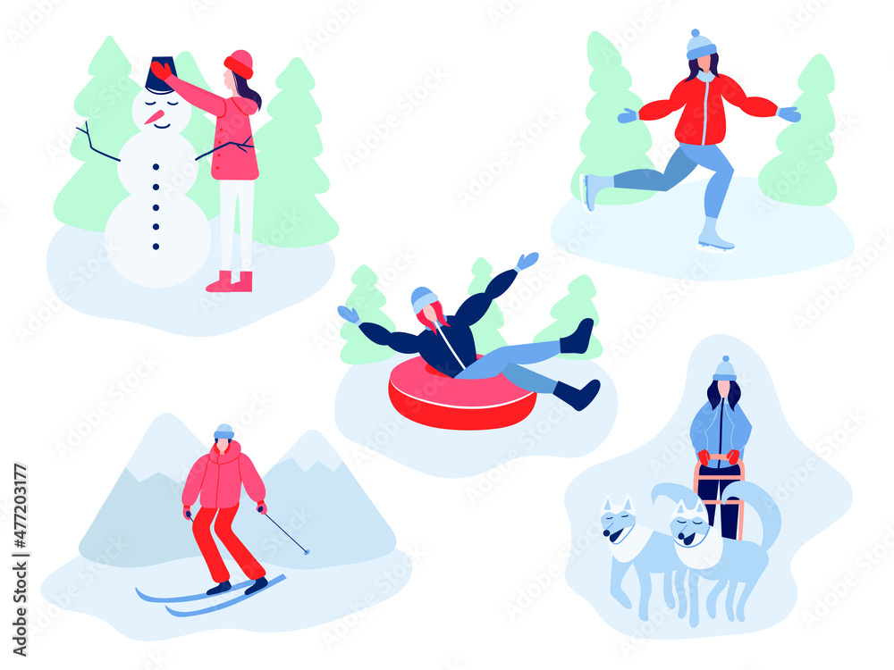 Winter activities vector set. Woman  riding on snow tubing, man skiing and ice skating. Woman making snowman. Musher riding dog team sled. People spend winter time outside.