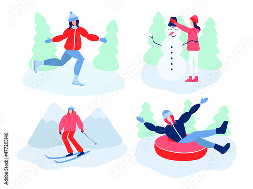 Winter activities vector set. Tubing and skiing and ice skating. Woman making snowman.