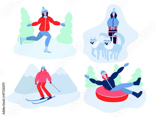 Winter activities vector set. Tubing and skiing and ice skating. Woman making snowman.