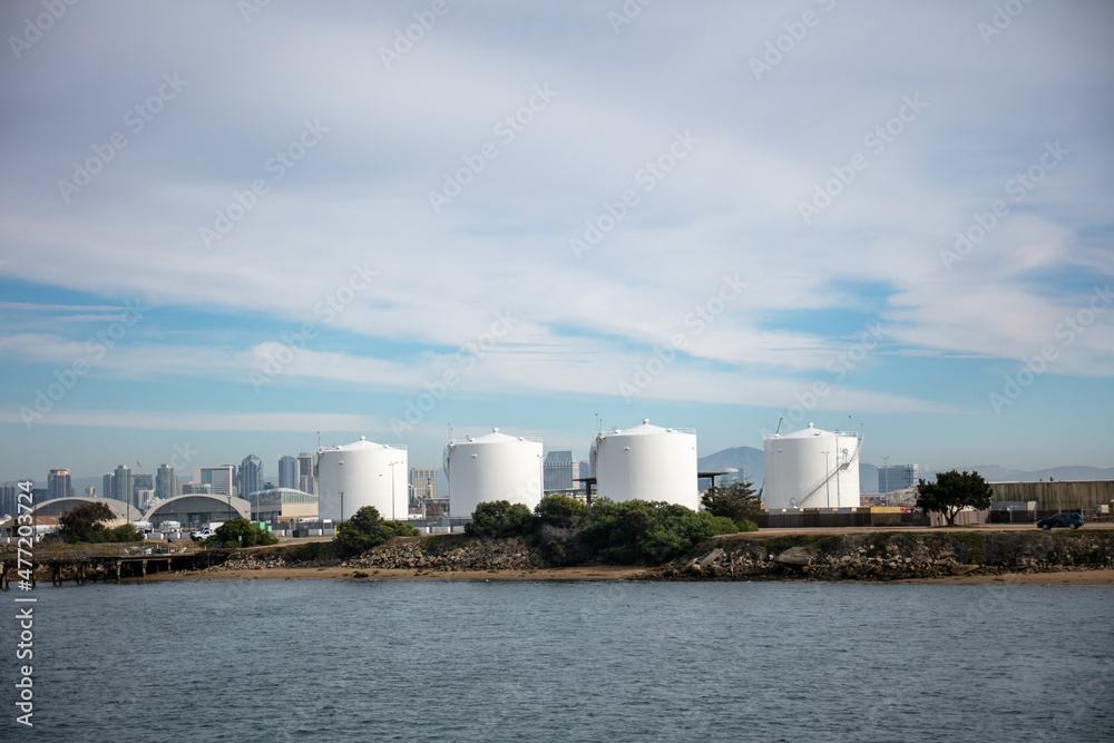 The Fuel Aviation JP4 Tank Farm at the San Diego Helicopter Air Base on the Coronado Bay as Seen from a Boat with Tanks Storing Fuel