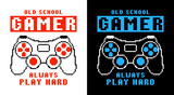 Gamepad or joystick in pixel art style for t-shirt design. Set of tee shirts with pixel text slogan and pixelated joypad for gamers. Apparel print for video game concept. Vector illustration.