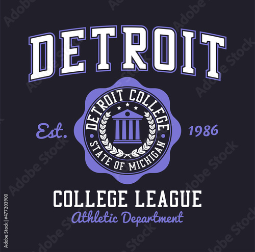 Detroit, Michigan t-shirt design. Typography graphics for college tee shirt. Detroit college, varsity style apparel print. Vector illustration.