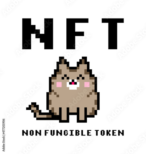 NFT token template. Crypto art non-fungible token. Cat in pixel art style. Pixelated kitten isolated on white background. Vector illustration.