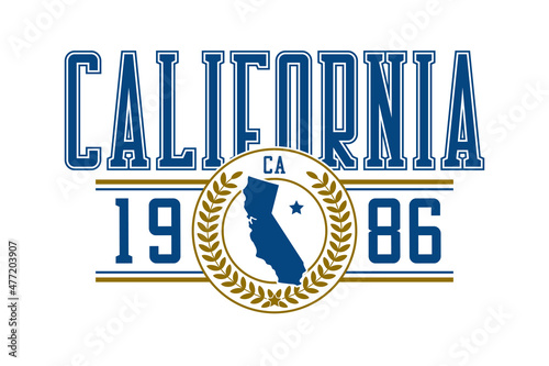 California t-shirt design. Typography graphics for college tee shirt with California map. Varsity style apparel print. Vector illustration. photo