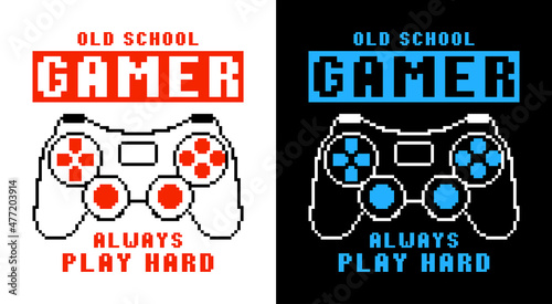 Gamepad or joystick in pixel art style for t-shirt design. Set of tee shirts with pixel text slogan and pixelated joypad for gamers. Apparel print for video game concept. Vector illustration.