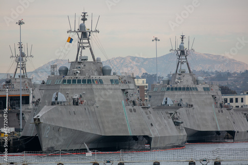 A Pair of Stealth Technology Missile Frigates Docked at the San Diego Naval Yard with Energy Reflective Design Superstructure