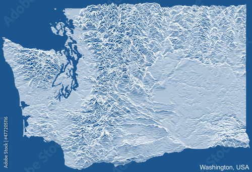 Topographic technical drawing relief map of the Federal State of Washington, USA with white contour lines on blue background