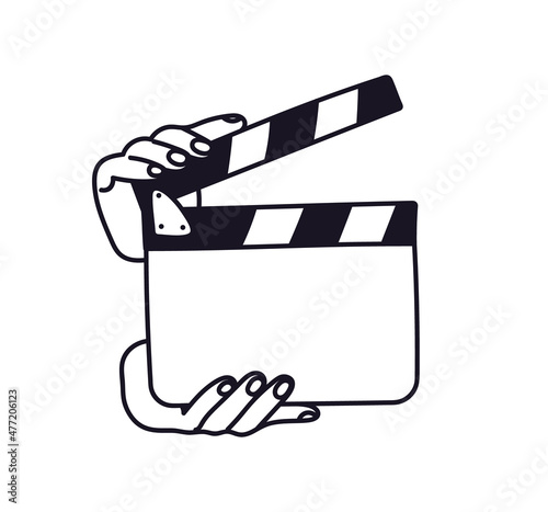 Hands hold a clapperboard before filming. Outline of the director's clapperboard. Vector illustration of a tool for filming and editing video.