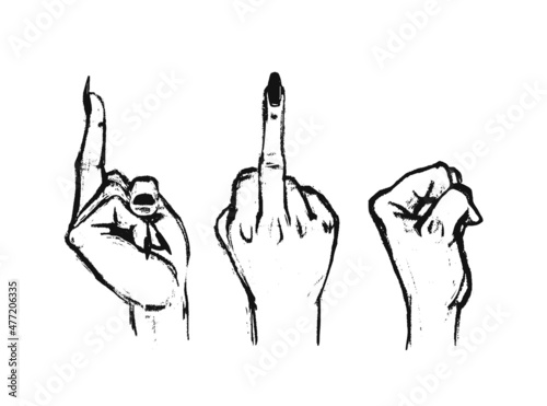 Hand drawn gesture fuck, black on white. Obscene gesture middle finger up. Female fist from the side. Vector illustration of female hands with long nails isolated.