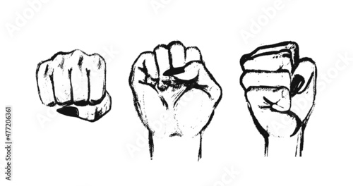 Hand-drawn punch black gesture on white. Set of female fists from different angles. Vector illustration of female hands with long nails isolated.