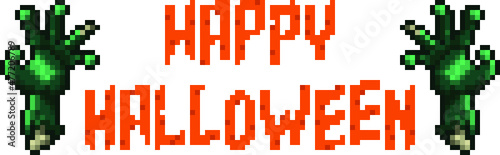 Happy Halloween Pixel Banner with Zombie Hand on White Background. © Firsik Anton