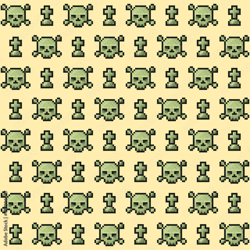 Pixel pattern with skulls and tombstones. Illustration with old computer style. Geek background for Halloween. Pixel pattern with skulls and tombstones. Illustration with old computer style. Geek background for Halloween.